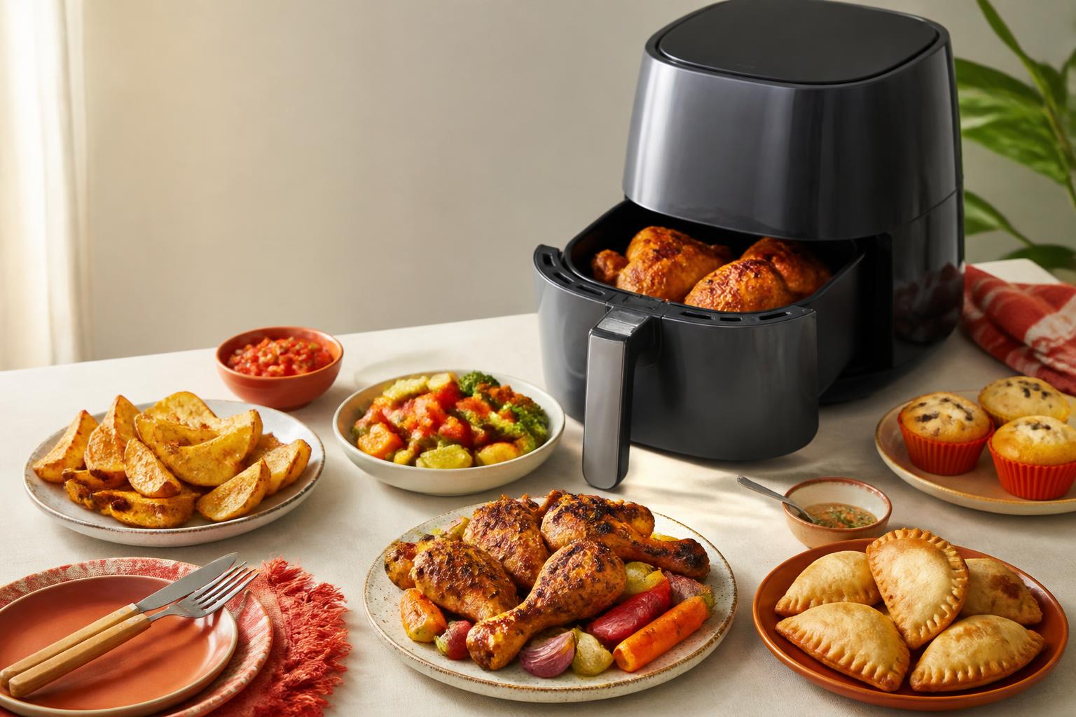 Freidora de aire rodeada de pollo, papas, vegetales, empanadas y postres